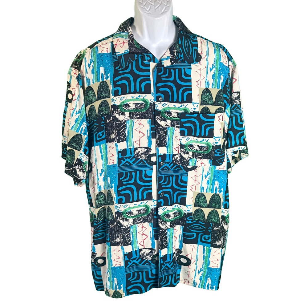 Basic Elements Button Down Shirt Mens XL Blue Abstract Geometric 100% Silk Short